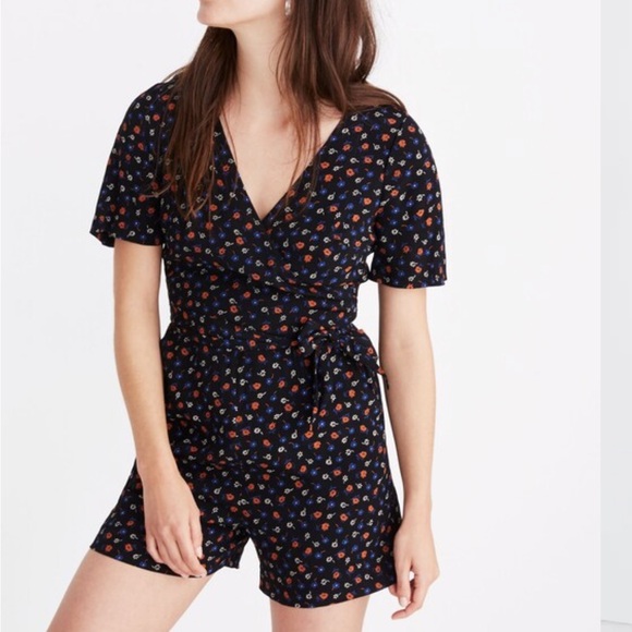 Madewell Pants - Madewell 2 Wrap-Front Romper Black Prairie Posies Floral Tie Retro L2496 NWT